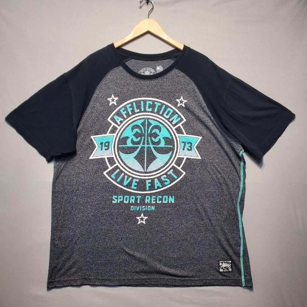 Affliction Sport Live Fast Raglan Shirt Men 3XL‎ Gray Blue Never Surrender MMA